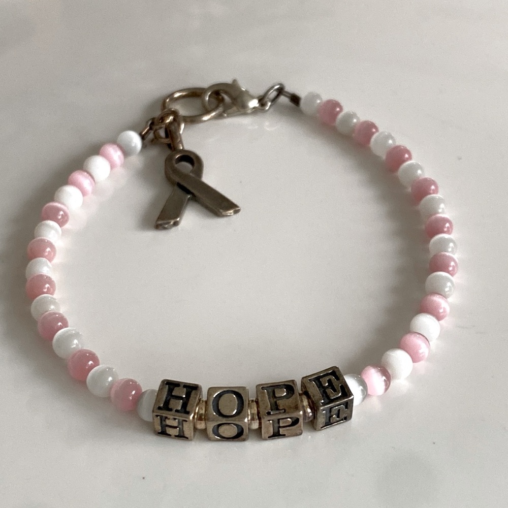 Pink & White Beaded "HOPE" Awareness Bracelet 925 Sterling Silver
